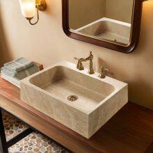 Travertine Marble Easy Clean Rectangular Countertop Vessel Sink Factory Direct Wholesale Hand Wash Basin OEM ODM for Hotel thumbnail-4