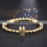 Hot Sale Micro Black CZ Zirconia Gold Plated King Crown Charm Men Bead Bracelet For Women
