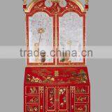 Gold Gilding Wooden Curio Cabinets With Flowers Paint Motif, Hand Painted Red Chinoiserie Secretary Cabinet With Drop Front Desk thumbnail-1
