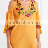 Boho Cold-shoulder Flora Embroidered Crinkled Cotton Mini Dress Mexican Western Dresses Names HSd5199 thumbnail-2