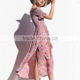 Lady's Smocked Dress With Slit off the Shoulder Floral Long Maxi Dresses thumbnail-2