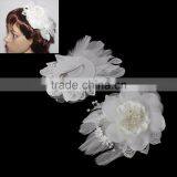 White Feather Clear Rhinestone Gauze Bride Headdress Flower thumbnail-1