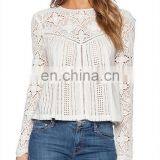 Fashion Modeling Long Sleeve Hollow-out White Lace Blouse, Wholesale Bohemian Clothing Burnout Floral Lace Blouse for Women thumbnail-4