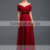 K141 V Neck Short Sleeve Chiffion A Line Red Prom Dresses thumbnail-2