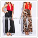 New Sexy Women Backless COLOR BLOCK RUCHED DRAPE HALTER Fit Bodycon PARTY WIDE LEG JUMPSUIT OEM Cheap thumbnail-1