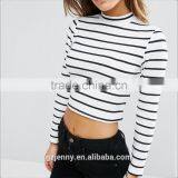 European Style Sexy Women Round Neck White Long Sleeve Top Stripe Cropped T-shirt thumbnail-1