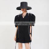 TWOTWINSTYLE Bandage Women's Dress Cross V Neck Puff Short Sleeve Patchwork Bowknot Mini Dresses thumbnail-4