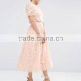 Pink Lace Crop Top and Puff Skirt Wedding Dress Girl's Short Sleeve Prom Two Piece Set thumbnail-3