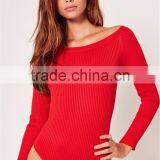 Red Opening Soulder Raglan Sleeve Bodysuit Cotton Blends Long Sleeve Sexy Plain Sweater thumbnail-5