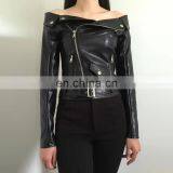 Instyle Women Pu Leather Jacket Wholesale Off Shoulder Leather Coat With Zipper thumbnail-2