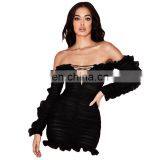 Hot Sale Fashion New Mesh Deep V Hollow-out Lace-up Yarn Flounced Long Sleeve Dress thumbnail-1