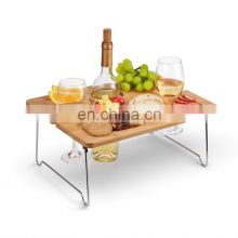 Folding Portable Bamboo Wine Glasses & Bottle Outdoor Wine Picnic Table Snack and Cheese Holder Tray for Concerts at Park Beach