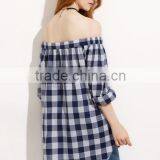 Blouses Latest Fashion Design Women Clothing Gingham Button Pocket Off The Shoulder Blouse thumbnail-3