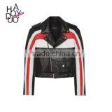 HAODUOYI Women Autumn Color Block PU Leather Bomber Jacket for Wholesale thumbnail-1