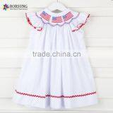 2017 White Summer Baby Short Sleeve Stars and Stripes Smocked Dress Children Frocks Designs for Kids Clothing thumbnail-1
