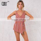 Simple Linen Cotton Clothing Models for Women Fashion Striped Playsuit thumbnail-1