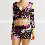 Women Floral Printed T-shirt Summer Sexy V neck Backless Sports Tops Long Sleeve Crop Top