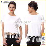 Tassel Design Short Sleeve Women Fashion Garment White Tops thumbnail-1