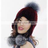 CX-C-42A Hand Knitted Mink/ Silver Fox Fur Pom Pom Hot Sale Lady Hat Wholesale thumbnail-5