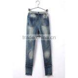 Cheap New Style Fray Hem Comfortable Light Blue Lace Stitched Slim Fit New Design Jeans for Girls thumbnail-2