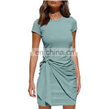 Manufacturers Wholesale Women's Irregular Dress Short Sleeve Round Neck Pleated Bow Belt Slim thumbnail-5