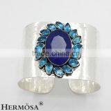 Xmas Gifts Free Shipping New Design Blue Sapphire Topaz Silver Wide Band Unixes Cuff Bangle