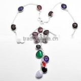 Natural Amethyst and Green Onyx and Rainbow Moonstone and Ruby and Carnelian and Black Onyx 18 Sterling Silver Necklace
