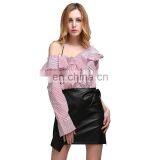 Off Shoulder Stripe Tops Clothes Ruffle Slash Neck Shirt Women thumbnail-3