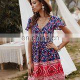 Hot Sale Women Deep V-Neck Casual Dresses Lady Holiday Print Short Sleeve Floral Summer Dress thumbnail-2