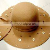 Fashion Women Flower Pearl Beaded Large Brim Trilby Fedora Hats With Ribbon thumbnail-2