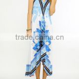 factory OEM Cami deep V back open halter neck long bohemian dress 2016 printed
