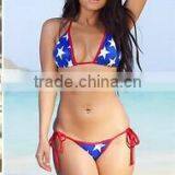 Micro Flag Print Bikini Blue White Star With Red Shimmer Piping Swimsuit thumbnail-1