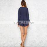 HAODUOYI Fashion Soild Navy Blue Short Women Jumpsuit Deep V-neck Long Sleeve Pleated Sexy Female Romper for Wholesale thumbnail-4