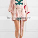 2017 New Style Pink and Red Color Blocking Embroidered Satin Robe With Waist Tie thumbnail-4