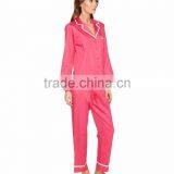 Contrast Piping Long Sleeves Pyjamas Set Notched Collar Left Chest Pocket Pink Silk Satin Sleepwear thumbnail-4