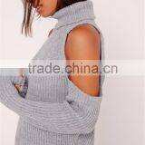 MGOO Custom Design Women Plain Knitwear Oversized Longline Ladies Sweater Chunky Cold Shoulder Jumper Grey thumbnail-6