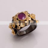 925 SOLID STERLING FINE SILVER RUBY RING BLACK & GOLD RHODIUM