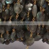 3 Feet Labradorite faceted Oval Rosary Style Beaded Chain, Gold Plated Wire Wrapped Chain, Handmade Beaded Chain