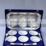 Metal Bowl Six Bowl With One Square Tray and Six Spoons Made in Brass and Silver Plated in a Velvet Box thumbnail-1