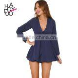 HAODUOYI Fashion Soild Navy Blue Short Women Jumpsuit Deep V-neck Long Sleeve Pleated Sexy Female Romper for Wholesale thumbnail-1