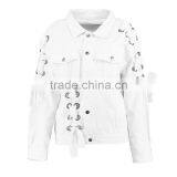 Lace up Eyelet White Denim Jacket New Fashion Wholesale Women Street Wear thumbnail-4