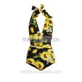 Sexy Women's Deep V-neck Ruched Sides Sunflower-print Self-tie Halterneck Swimsuit thumbnail-4