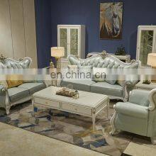 Blue Italian Luxury 1+2+3 Classic Solid Wooden Structure Leather Couch Living Room Sofa Sets Furniture thumbnail-2