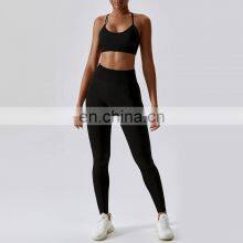 2 Pcs Seamless Cross Backless Sports Bras Sets Custom Logo High Waist Yoga Leggings thumbnail-2