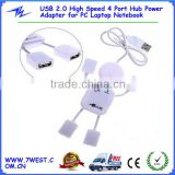 Human Shape USB 2.0 High Speed 4 Port Hub Power Adapter Cable for PC Laptop Notebook