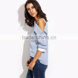 Womens Tops Fashion Autumn Ladies Blue Striped Fold Over Asymmetric Shoulder Long Sleeve Contrast Cuff Blouse thumbnail-4