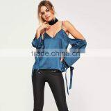 Stylish Sweet Girl Blouses Cold Shoulder Long Sleeve Satin Tops thumbnail-3