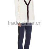 Wholesale Pure White V-Neck Rib-Knit Cashmere Women Sweater With Buttons Fastening and Slant Pockets thumbnail-3