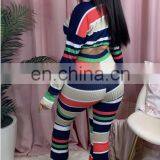 Casual Plus Size Women Outfits Lounge Wear Crop Top Striped Pants Two Piece Set thumbnail-5