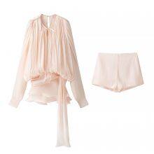 Chic Lantern-sheer Fabric Dress for Women, New Spring Style, Short Skirt, Cinched Waist, Irregular Lotus Leaf Hem, With Tie. thumbnail-5